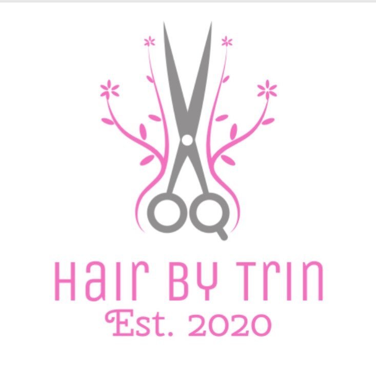 Hair by Trin logo — pink floral scissors, established 2020